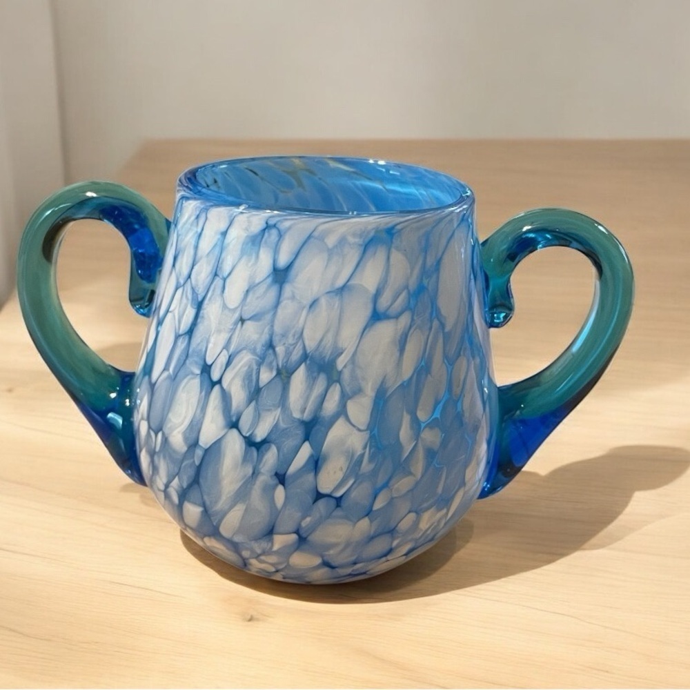 Vintage small vase, hand blown, blue splatter pattern, no chips or cracks